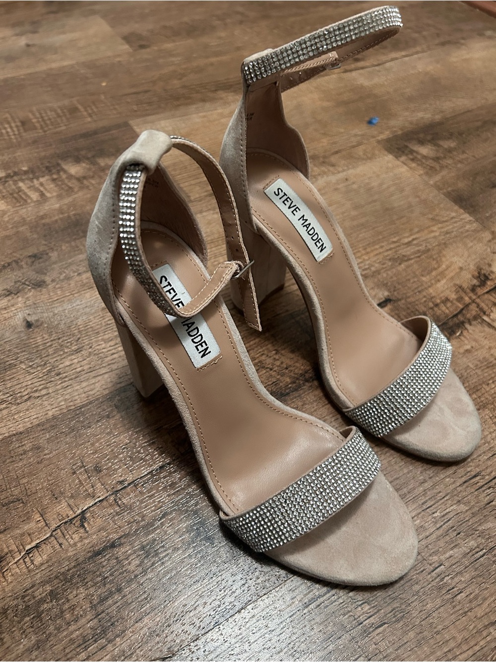 Steve Madden Nude/Blush Suede Crystal Ankle Strap Block Heels